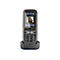 Schwarzes AGFEO DECT 75 IP Telefon in der Ladeschale mit leuchtendem Display und Anruferfoto.