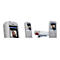 Vier Ansichten eines hellgrauen Agfeo DECT IP-Telefons mit Farbdisplay und Personenfoto.
