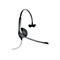 Schwarzes Jabra Headset mit einseitigem Ohrpolster, Kopfbügel und verstellbarem Mikrofonarm vor weißem Hintergrund.