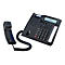 Schwarzes Bürotelefon mit LCD-Display, Ziffernblock, Funktionstasten und abgenommenem Hörer vor weißem Hintergrund.