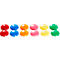Dix œufs de Pâques colorés en rouge, bleu, orange, rose, jaune et vert. Ils sont disposés en deux rangées.