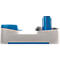 Blue and white beverage holder. One compartment holds a blue can. Another compartment has a blue lid with a spout.