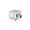 White barbecue cart with wheels and handles, against a white background.