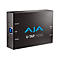 Schwarze AJA U-TAP HDMI Video-Capture-Box mit USB-Anschluss und Beschriftungen vor weißem Hintergrund.