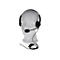 Schwarzes Headset mit Mikrofon auf einem weißen, abstrakten Modellkopf vor weißem Hintergrund.