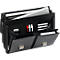 Black briefcase, open with laptop, notepad, pens and business cards.