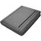 Dark gray leather portfolio with closed zipper. The product is pictured in detail.
