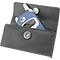 Black leather case with blue cell phone; time 8:03. Clamshell design, silver magnetic closure.