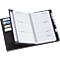 Opened black agenda with lined pages and pen holder. Card slots on the left.