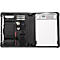 Black document folder with compartments for pens, cards, tablet, and notepad with integrated calculator.