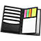 Open black notebook, card slots on the left, neon sticky notes on the right, white note field, transparent cover.