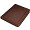 Brown leather folder with zipper; shows surface details and an inner flap.