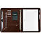 Opened brown leather portfolio with pen holder, notepad, calculator, and ring binder.