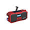 Rotes Outdoor-Notfallradio von Albrecht mit Solarpanel, Kurbel, Taschenlampe und Digitaldisplay.