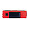 Rotes Outdoor-Gerät mit Solarpanel, integriertem Thermometer und Leuchten-Symbol vor weißem Hintergrund.