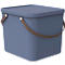 Blue square container with lid and brown handle. The handle is attached to the container with white rivets.