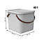 Grey, square bucket with lid and brown handles. Dimensions are indicated.