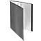 Livre noir ouvert, pages blanches, couverture grise.