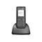Schwarzes Alcatel-Lucent DECT-Telefon in der Ladestation mit beleuchtetem Display und Ziffernblock.