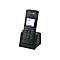 Schwarzes Alcatel-Lucent schnurloses Telefon in einer passenden Ladestation vor weißem Hintergrund.