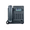 Dunkelgraues Tischtelefon mit Display, Tastenfeld und Hörer auf neutralem Hintergrund.