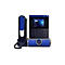 Blaues IP-Telefon mit Touchscreen-Display und Ziffernblock vor neutralem Hintergrund.