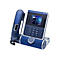 Blaues IP-Telefon mit Display, Ziffernblock und Hörer vor weißem Hintergrund.