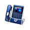 Modernes blaues IP-Bürotelefon mit Touchscreen-Display und Hörer.