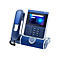 Blaues Tischtelefon mit Display, Tastenfeld und Hörer vor weißem Hintergrund.