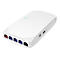 Weißer Netzwerk-Router mit fünf Ethernet-Anschlüssen, USB-Port und Status-LEDs auf weißem Hintergrund.