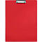 A red clipboard with a silver metal clip.