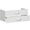 A white drawer cabinet with two drawers that have silver handles. One drawer is open.