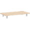 A rectangular table made of light wood with four silver legs. The surface is smooth.