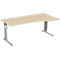 Light wood desk with silver metal legs. The tabletop has a curved edge.
