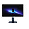 Un moniteur Alienware avec le logo Alien sur l'écran. Cadre noir, pied bleu, fond blanc.