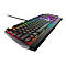 Schwarze mechanische Gaming-Tastatur mit RGB-Beleuchtung, leicht von oben links aufgenommen.