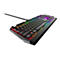 Schwarze Alienware-Tastatur mit farbiger Beleuchtung, die sich über die Tasten erstreckt. Auf der Tastatur steht Alienware.