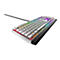 Hellgraue Gaming-Tastatur mit farbigen LED-Tasten. Die Tasten sind beschriftet. Schwarzes Kabel. Rechts steht in blau "ALIENWARE".