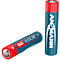 Two blue AAA batteries with red tops. One lies, the other stands upright.