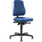 Blue office chair with backrest and castors. Black legs, seat and back in blue imitation leather.