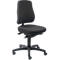 Black office chair with backrest, seat and wheeled base.