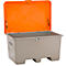 Gray chest with open orange lid. Black hinges are visible on the lid.