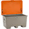 Gray plastic box with orange lid, opened, with hinges. A label on the left.