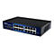 Schwarzer 16-Port Gigabit Ethernet Switch von ALLNET mit blauer Frontblende und LED-Statusanzeigen.