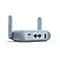 Hellblauer WiFi 6 Router mit zwei Antennen und Anschlüssen für USB 3.0, LAN und WAN vor weißem Hintergrund.