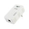 Weißer ALLNET Powerline-Adapter mit PoE-Anschluss, Status-LEDs und Stecker auf weißem Hintergrund.