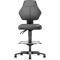 Gray ergonomic office chair, backrest with two vertical lines, footrest.