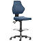 Blue office chair with castors, high backrest and seat. There are levers under the seat for adjustment. The chair stands on five castors.