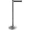 Silver stanchion with black belt and round base. The belt is extended.