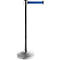 A silver stanchion with blue belt. The stanchion has a round base and a sleek pillar with belt.